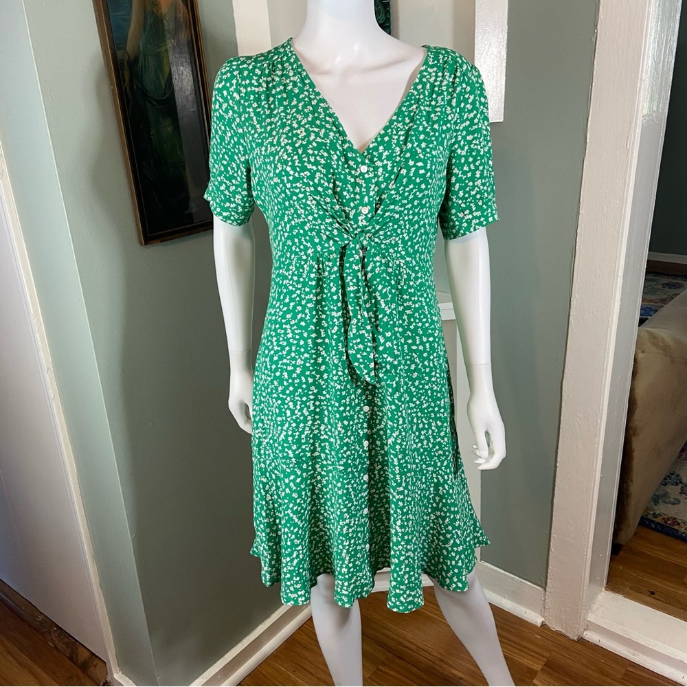 Seraphine Maternity Green White Floral Ditsy Midi Babydoll Tie Dress Size 6 - Picture 2 of 13